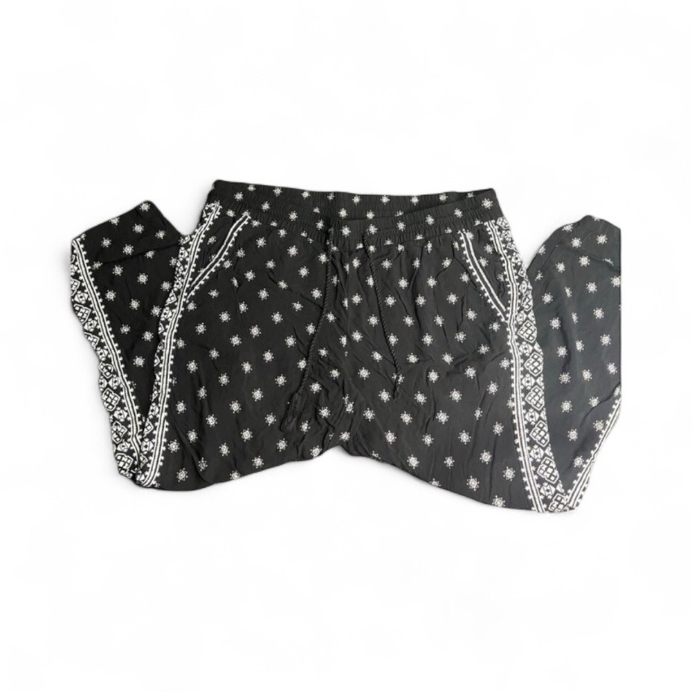 Black White Boho Wide Leg Pants Tassel Drawstring Flowy Lounge L